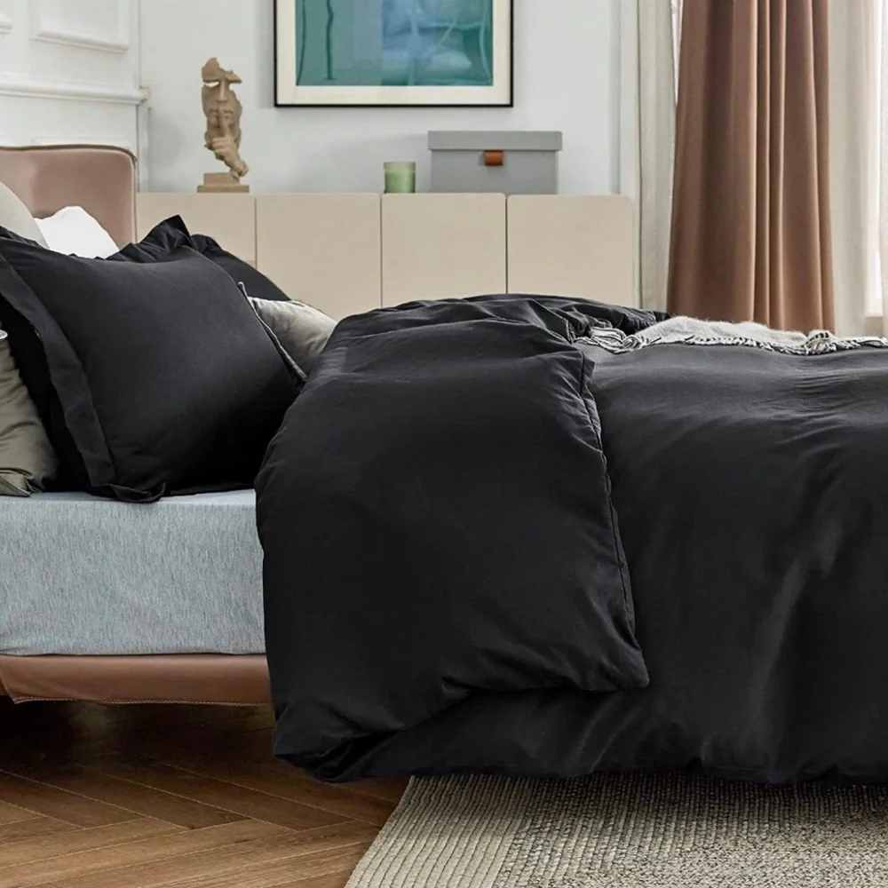 Black Duvet Cover Full Size - 3 Pieces Prewashed Extra Soft Cotton